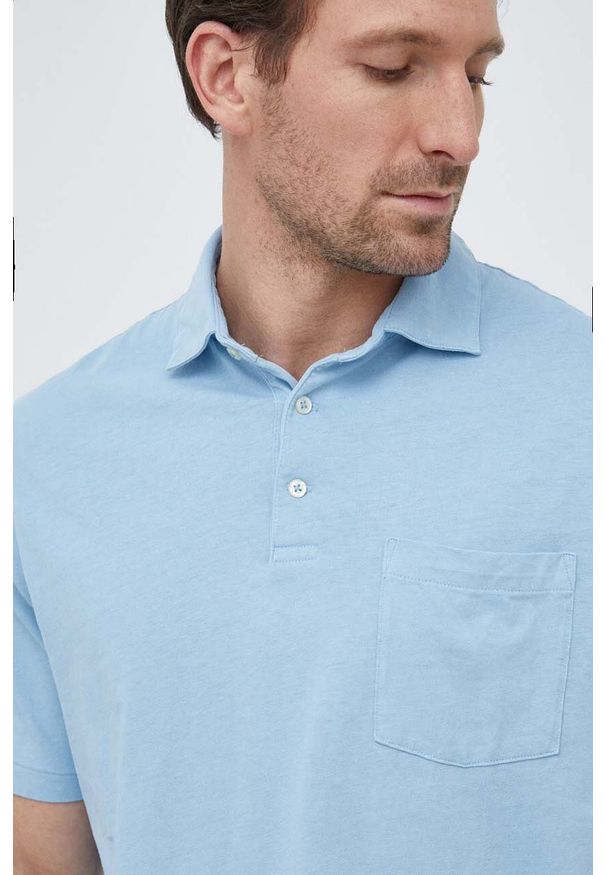 Polo Ralph Lauren polo z domieszką lnu kolor niebieski gładki. Typ kołnierza: polo. Kolor: niebieski. Materiał: len. Wzór: gładki