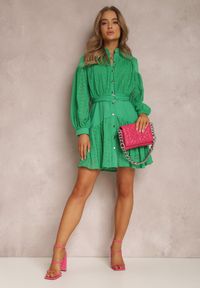 Renee - Zielona Sukienka Damiope. Kolor: zielony. Materiał: materiał, tkanina, koronka. Długość rękawa: długi rękaw. Wzór: ażurowy, jednolity, koronka, gładki. Długość: mini #5