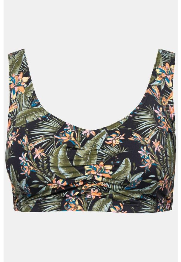 ULLA POPKEN - Top bikini, miękkie miseczki, nadruk tropikalny. Kolekcja: plus size. Kolor: czarny. Materiał: poliamid, poliester, elastan. Wzór: nadruk