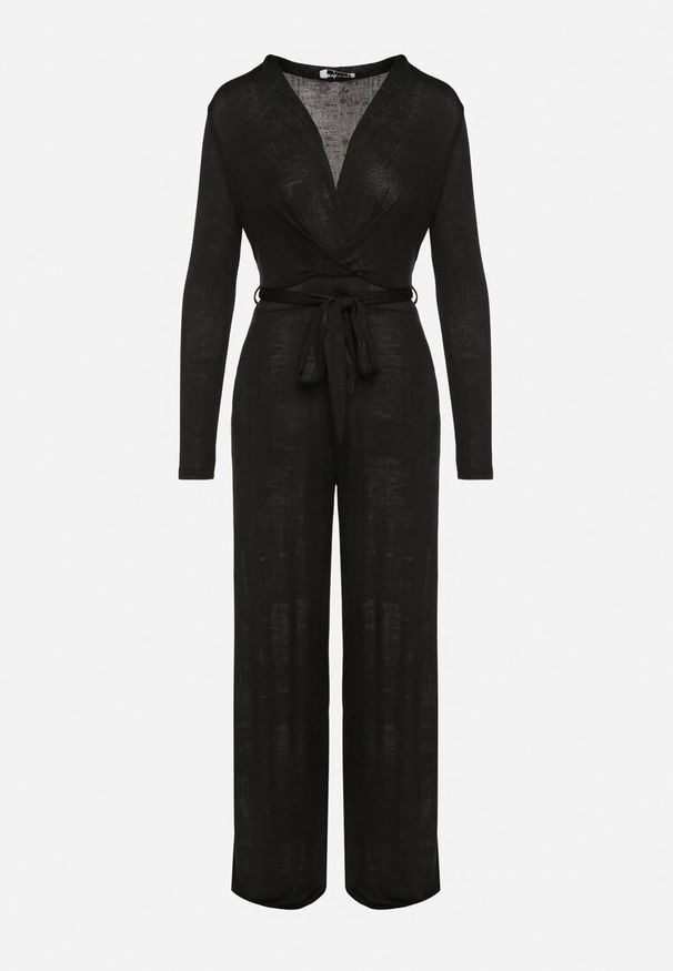 Born2be - Czarny Kopertowy Kombinezon z Wiskozą Zdobiony Wiązanym Paskiem Nalissa. Okazja: na co dzień. Kolor: czarny. Materiał: wiskoza. Długość: długie. Wzór: aplikacja. Styl: casual, elegancki