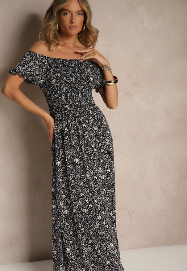 Renee - Czarna Kwiatowa Sukienka z Bufiastymi Rękawami Lumorelle. Okazja: na co dzień. Kolor: czarny. Wzór: kwiaty. Styl: klasyczny, elegancki, casual