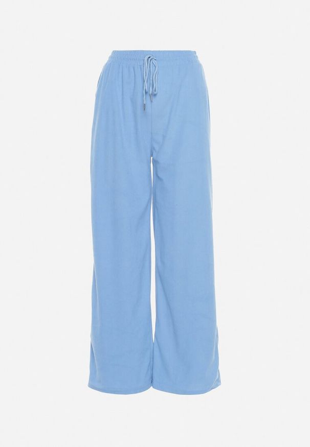 Born2be - Niebieskie Prążkowane Spodnie z Szerokimi Nogawkami i Gumką w Pasie Itrulla. Okazja: na co dzień. Stan: podwyższony. Kolor: niebieski. Materiał: prążkowany. Styl: casual