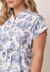 Born2be - Niebieska Wiskozowa Sukienka Koszulowa z Paskiem w Talii w Kwiatowy Wzór Olivis. Kolekcja: plus size. Kolor: niebieski. Materiał: wiskoza. Wzór: kwiaty. Typ sukienki: koszulowe. Styl: elegancki #2