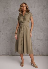 Renee - Zielona Sukienka na Guziki z Gorsetowym Panelem z Klamrami w Talii Frose. Typ kołnierza: dekolt gorset. Kolor: zielony. Typ sukienki: gorsetowe. Długość: midi #7