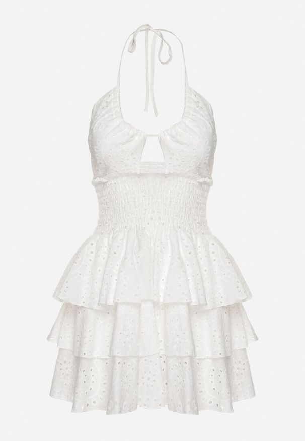 Born2be - Biała Bawełniana Sukienka z Wiązaniem i Falbanami Zdobiona Haftem Filavienna. Okazja: na co dzień. Kolor: biały. Materiał: bawełna. Wzór: aplikacja, haft. Styl: elegancki, casual, klasyczny