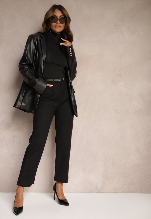 Renee - Czarne Spodnie z Dodatkiem Bawełny o Klasycznym Kroju z Paskiem Lilatria. Okazja: na co dzień. Kolor: czarny. Materiał: bawełna. Styl: klasyczny