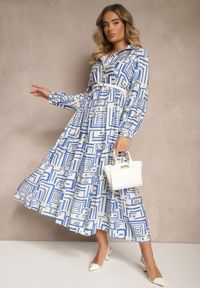 Renee - Niebieska Rozkloszowana Sukienka z Wiskozą w Geometryczny Print Apirestia. Okazja: na co dzień, na spacer. Typ kołnierza: dekolt w kształcie V. Kolor: niebieski. Materiał: wiskoza. Wzór: geometria, nadruk. Typ sukienki: proste. Styl: elegancki, casual #3