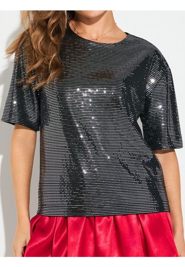 Sinsay - Koszulka z połyskującymi aplikacjami - srebrny. Kolor: srebrny. Wzór: aplikacja