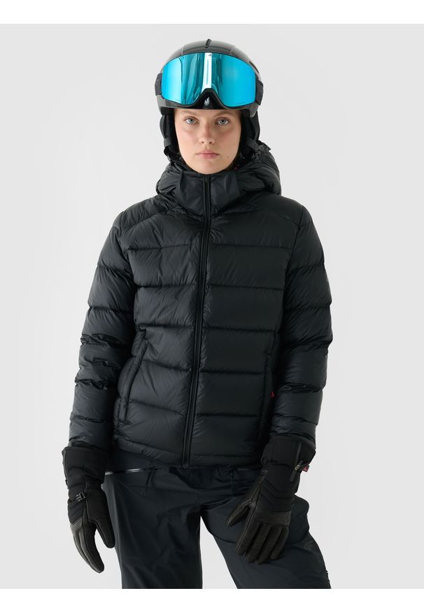 4f - 4F Kurtka puchowa z naturalnym wypełnieniem damska - czarna XL. Okazja: na co dzień. Typ kołnierza: kaptur. Kolor: czarny. Materiał: puch. Wzór: gładki. Sezon: zima. Styl: casual, sportowy, klasyczny