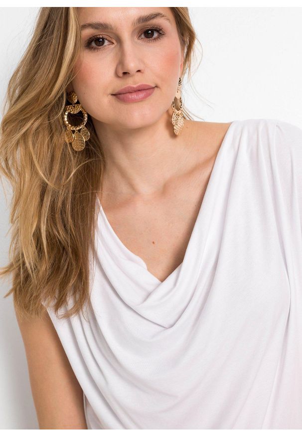 bonprix - Bluzka kaskadowa z mieszanki wiskozy. Typ kołnierza: dekolt woda. Kolor: biały. Materiał: wiskoza