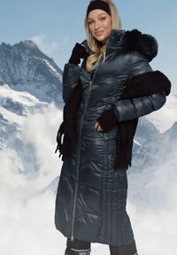 Born2be - Ciemnozielona Pikowana Kurtka Maxi Płaszcz z Ozdobnym Marszczeniem i Futerkiem Estenous. Okazja: na co dzień. Kolor: niebieski. Materiał: futro. Styl: klasyczny, casual #2