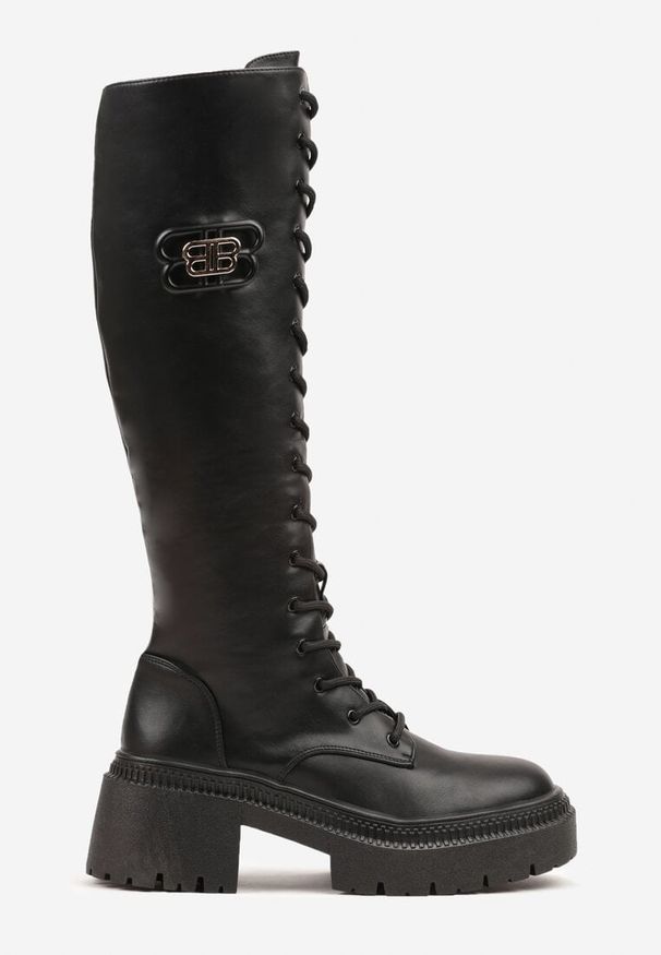 Born2be - Czarne Sznurowane Kozaki Vices na Platformie w Stylu Grunge Lattime. Okazja: na co dzień. Kolor: czarny. Materiał: jeans, skóra. Wzór: aplikacja. Obcas: na platformie. Styl: casual