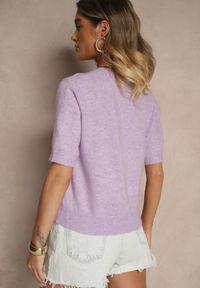 Renee - Fioletowy Sweter z Wełną Krótkim Rękawem Ozdobiony Ściągaczami Emiralin. Okazja: na co dzień. Kolor: fioletowy. Materiał: wełna. Długość rękawa: krótki rękaw. Długość: krótkie. Wzór: aplikacja. Styl: casual #5