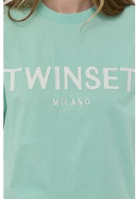 TwinSet - Twinset t-shirt bawełniany kolor turkusowy. Okazja: na co dzień. Kolor: turkusowy. Materiał: bawełna. Wzór: aplikacja. Styl: casual #4