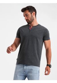 Ombre Clothing - Męski t-shirt z rozpinanym okrągłym dekoltem henley – czarny V4 - Rozmiar: S. Okazja: na co dzień. Typ kołnierza: typu henley. Kolor: czarny. Materiał: bawełna, poliester. Styl: casual