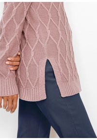Sweter dzianinowy w warkocze bonprix różowobrązowy. Kolor: różowy. Materiał: dzianina, materiał, akryl, bawełna #5