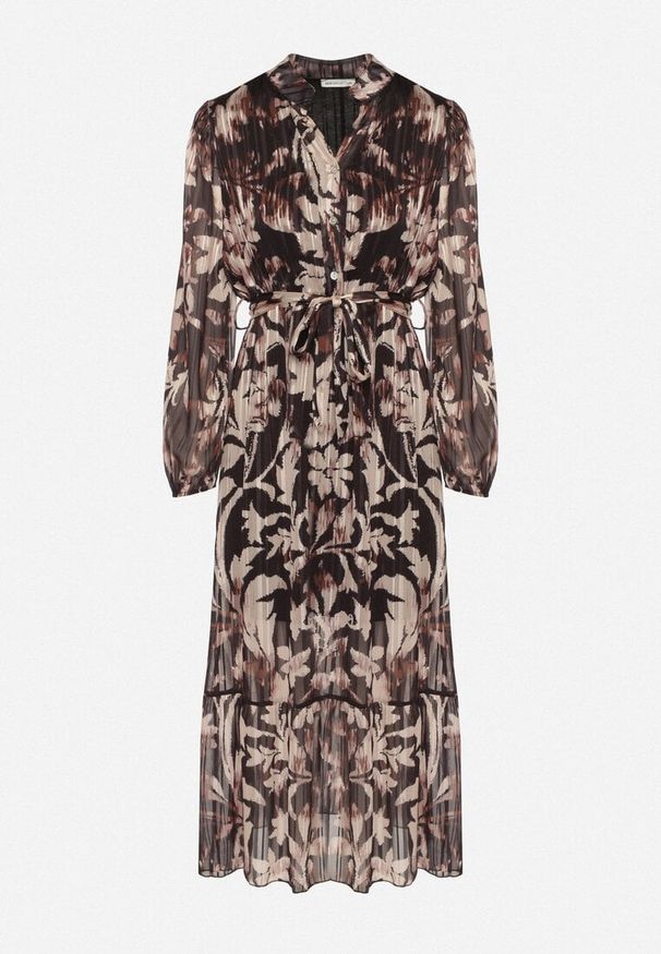 Born2be - Czarna Rozkloszowana Sukienka z Wiązanym Paskiem i Metaliczną Nicią Nalirina. Okazja: na co dzień. Typ kołnierza: dekolt w kształcie V. Kolor: czarny. Materiał: wiskoza, elastan. Wzór: aplikacja. Typ sukienki: rozkloszowane, proste. Styl: casual, klasyczny, elegancki