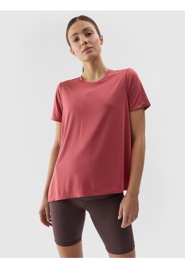 4f - Koszulka treningowa ciążowa szybkoschnąca damska - różowa. Kolekcja: moda ciążowa. Kolor: różowy. Materiał: syntetyk, elastan, materiał, włókno, dzianina. Wzór: ze splotem, jednolity, gładki. Sport: fitness