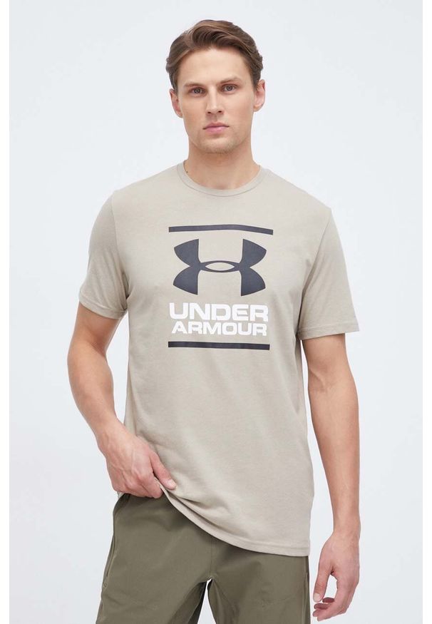 Under Armour t-shirt funkcyjny kolor brązowy z nadrukiem. Kolor: beżowy. Materiał: dzianina. Wzór: nadruk