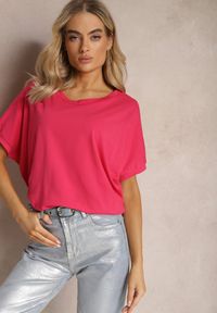 Renee - Różowy T-shirt Oversize o Przedłużonym Kroju Echinopa. Kolor: różowy. Materiał: dzianina