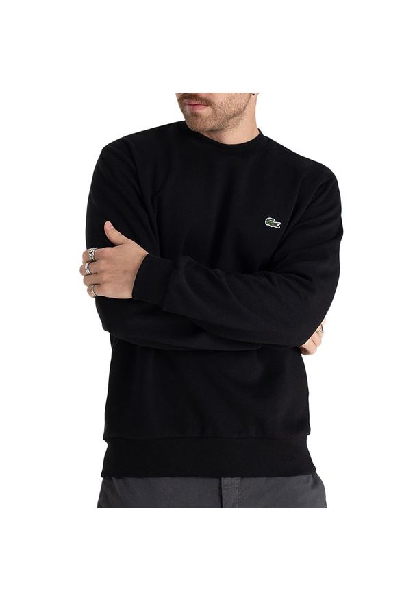Bluza Lacoste Organic Brushed Cotton Sweatshirt SH9608-031 - czarna. Okazja: na co dzień. Typ kołnierza: bez kaptura. Kolor: czarny. Materiał: bawełna, materiał, poliester. Wzór: aplikacja. Styl: casual, klasyczny, street