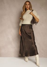 Renee - Brązowa Satynowa Spódnica z Wiskozy w Groszki o Rozkloszowanym Kroju Fediska. Kolor: brązowy. Materiał: satyna, wiskoza. Wzór: grochy. Styl: elegancki #1