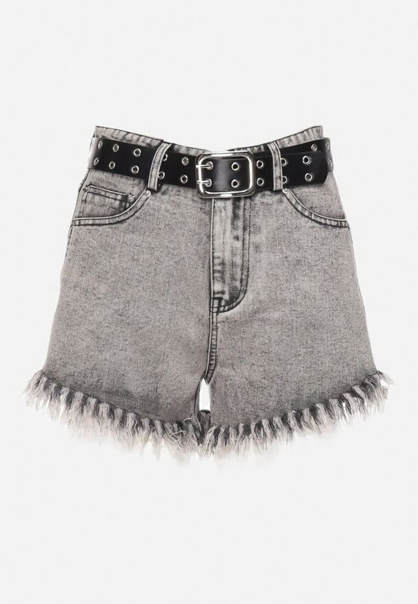 Born2be - Czarno-Szare Szorty Jeansowe z Modnie Postrzępionymi Nogawkami i Paskiem z Ekoskóry Piorita. Kolor: czarny. Materiał: jeans. Sezon: lato. Styl: elegancki, rockowy