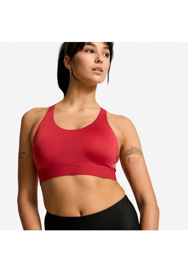 Decathlon - Stanik sportowy. Kolor: różowy, czerwony, wielokolorowy. Materiał: elastan, skóra, materiał. Rodzaj stanika: push-up. Sport: fitness