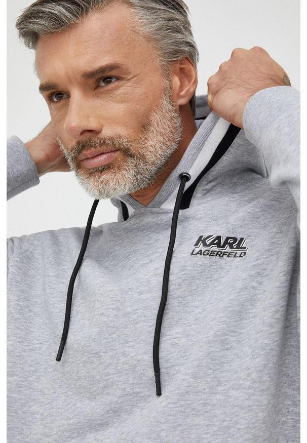 Karl Lagerfeld bluza męska kolor szary z kapturem z nadrukiem. Typ kołnierza: kaptur. Kolor: szary. Materiał: materiał. Wzór: nadruk