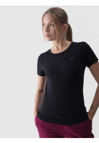 4f - 4F T-shirt slim gładki damski - czarny L. Okazja: na co dzień. Kolor: czarny. Materiał: dzianina, bawełna, jersey, materiał, elastan. Długość rękawa: krótki rękaw. Długość: krótkie. Wzór: gładki. Styl: sportowy, casual
