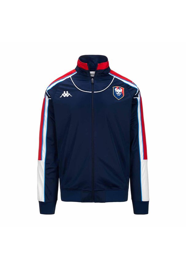 Kappa - Kurtka dresowa dla dzieci SM Caen Regroove 2024/25. Kolor: wielokolorowy, niebieski, biały. Materiał: dresówka. Sport: piłka nożna