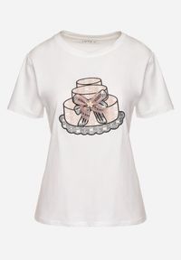 Born2be - Biały T-shirt z Bawełny Ozdobiony Nadrukiem i Kokardą 3D Sanathien. Typ kołnierza: kokarda. Kolor: biały. Materiał: bawełna. Wzór: aplikacja, nadruk. Styl: klasyczny #7