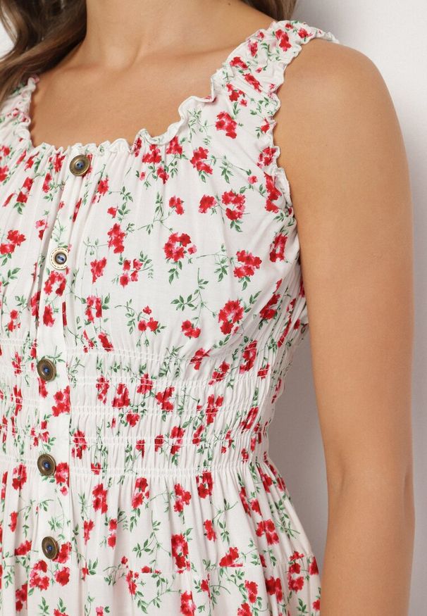 Born2be - Biało-Czerwona Sukienka Rozkloszowana na Ramiączkach w Kwiaty Tallio. Okazja: na spacer, na imprezę, na co dzień. Typ kołnierza: dekolt kwadratowy. Kolor: biały. Materiał: jeans. Długość rękawa: na ramiączkach. Wzór: kwiaty. Typ sukienki: proste, rozkloszowane. Styl: casual, klasyczny