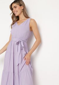 Born2be - Fioletowa Wiskozowa Sukienka Midi z Gumką w Pasie i Materiałowym Paskiem Bicuh. Kolor: fioletowy. Materiał: wiskoza, materiał. Długość: midi #5
