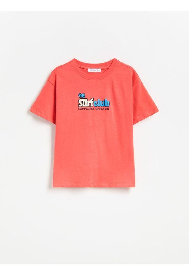 Reserved - Bawełniany t-shirt z nadrukiem - pomarańczowy. Kolor: pomarańczowy. Materiał: bawełna. Wzór: nadruk