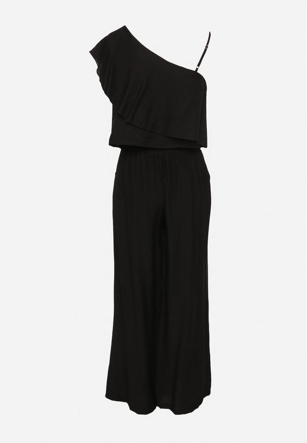 Born2be - Czarny Komplet z Wiskozą Asymetryczny Top z Falbanką i Szerokie Spodnie Niraleine. Kolor: czarny. Materiał: wiskoza. Wzór: aplikacja