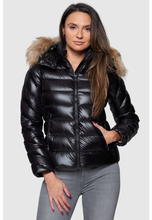 Hetrego - HETREGO Czarna damska puchowa kurtka Holly z odczepianym kapturem, Rozmiar 40 EU - 44 IT. Kolor: czarny. Materiał: puch