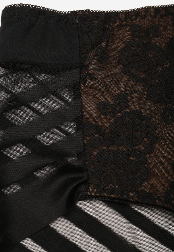 Renee - Czarno-Beżowe Siateczkowe Majtki Figi High Waist z Koronkowymi Zdobieniami Heylih. Stan: podwyższony. Kolekcja: plus size. Kolor: czarny. Materiał: koronka. Wzór: aplikacja