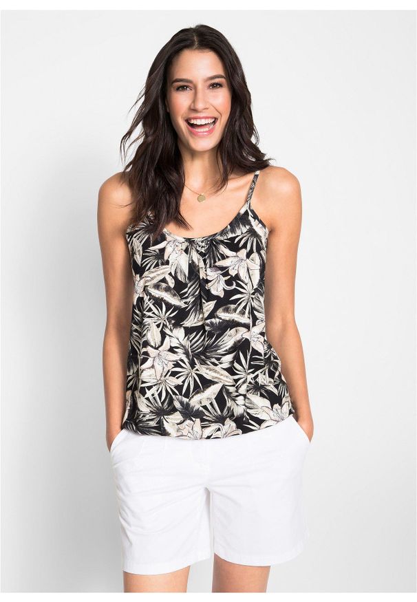 bonprix - Top na wąskich ramiączkach, z miękkiej mieszanki wiskozy. Kolor: czarny. Materiał: wiskoza. Długość rękawa: na ramiączkach. Wzór: nadruk, kwiaty