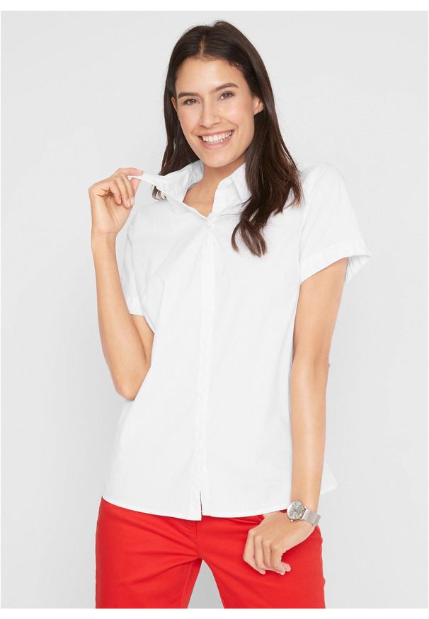 bonprix - Bluzka z krótkim rękawem z mieszanki bawełny ze stretchem. Kolor: biały. Materiał: bawełna. Długość rękawa: krótki rękaw. Długość: krótkie