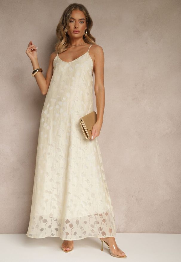 Renee - Beżowa Trapezowa Sukienka z Wiskozą na Ramiączkach Silarisse. Okazja: na co dzień. Kolor: beżowy. Materiał: wiskoza. Długość rękawa: na ramiączkach. Typ sukienki: trapezowe. Styl: elegancki, casual