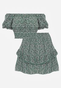 Renee - Zielony Komplet w Kwiaty 2-Częściowy Top w Stylu Hiszpanki i Spódnica z Falbanką Crispa. Kolor: zielony. Materiał: materiał. Wzór: kwiaty #7