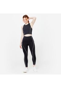 DOMYOS - Koszulka fitness damska Domyos bez rękawów crop top. Kolor: biały, czarny, wielokolorowy. Materiał: poliester, elastan, materiał. Długość rękawa: bez rękawów. Sport: fitness #2