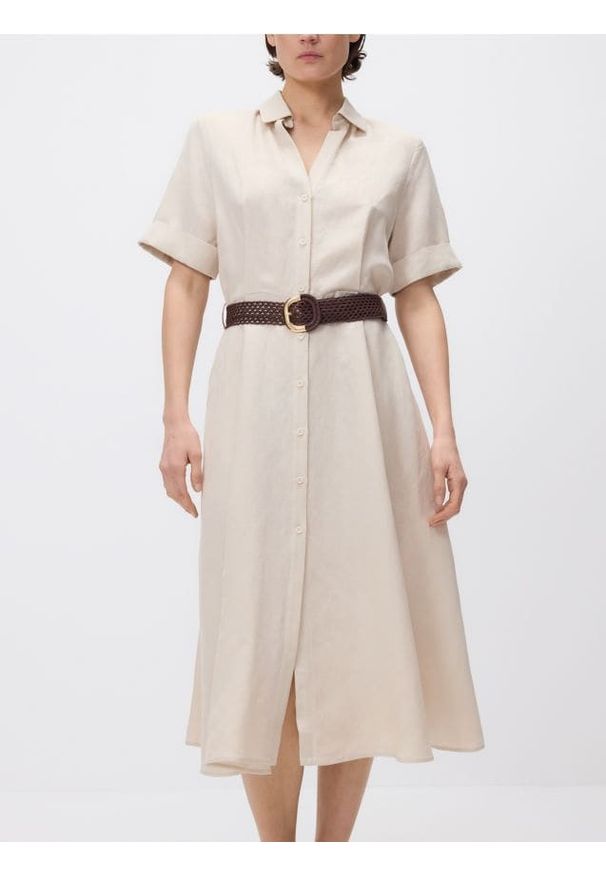 Reserved - Sukienka midi z lnem - beżowy. Kolor: beżowy. Materiał: len. Długość: midi