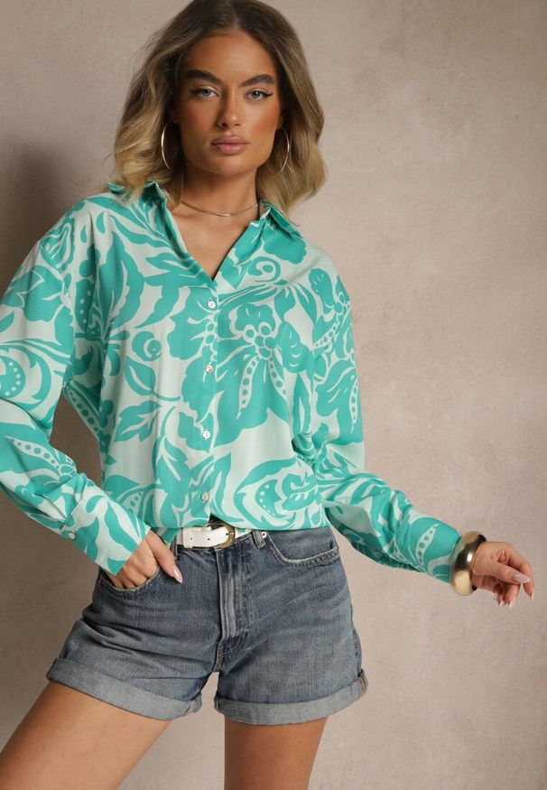 Renee - Niebieska Koszula Oversize w Kwiatowy Print Boinea. Kolor: niebieski. Wzór: kwiaty, nadruk