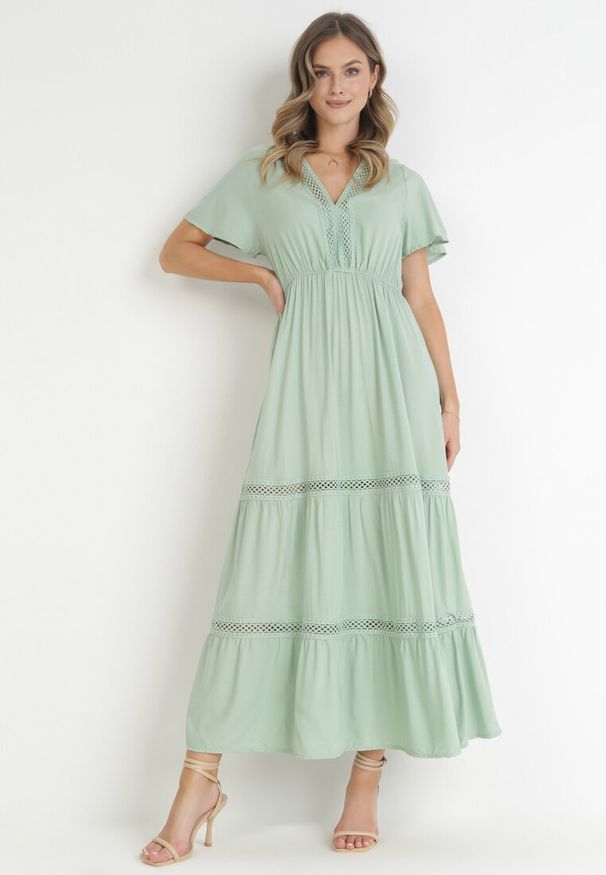 Born2be - Miętowa Sukienka Maxi z Gumką w Pasie i Koronkowymi Wstawkami Anandia. Kolor: miętowy. Materiał: koronka. Wzór: aplikacja. Długość: maxi