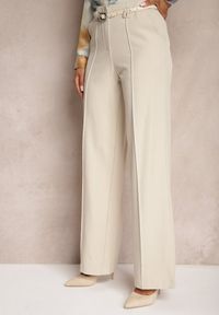 Renee - Jasnobeżowe Spodnie z Wiskozą o Szerokim Kroju High Waist z Paskiem Mavalise. Stan: podwyższony. Kolor: beżowy. Materiał: wiskoza. Styl: klasyczny, elegancki