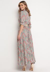 Born2be - Czerwono-Niebieska Sukienka z Guzikami i Plecionym Paskiem z Klamrą Aralty. Kolor: zielony. Długość rękawa: długi rękaw. Sezon: wiosna, lato. Typ sukienki: koszulowe #4