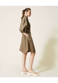 TwinSet - TWINSET - Brązowa mini sukienka z bufiastymi rękawami. Kolor: brązowy. Materiał: bawełna. Typ sukienki: koszulowe, asymetryczne. Długość: mini #6