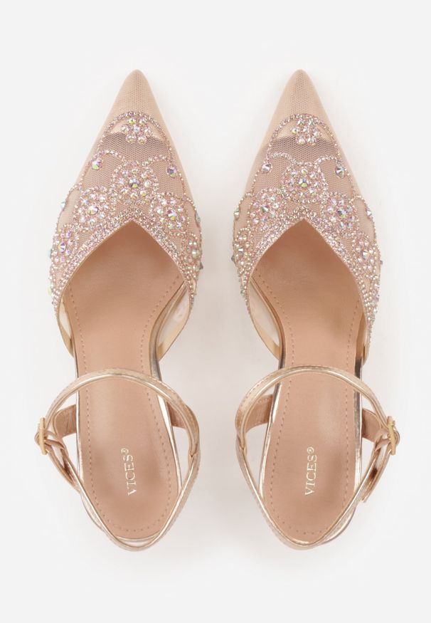 Renee - Szampańskie Siateczkowe Czółenka na Szpilce VICES Ozdobione Cyrkoniami i Brokatem Orinelis. Zapięcie: sprzączka. Kolor: złoty. Materiał: satyna. Szerokość cholewki: normalna. Wzór: aplikacja. Obcas: na szpilce. Styl: glamour